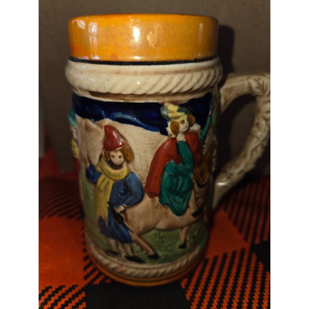 Vintage Hand Painted Ceramic Beer Stein Relief Horseback Scene Orange Rim Mug